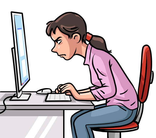 Young Woman Staring At Computer Screen Vector illustration of a annoyed or angry looking young woman staring at her computer sreen, isolated on white. clip art people stock illustrations