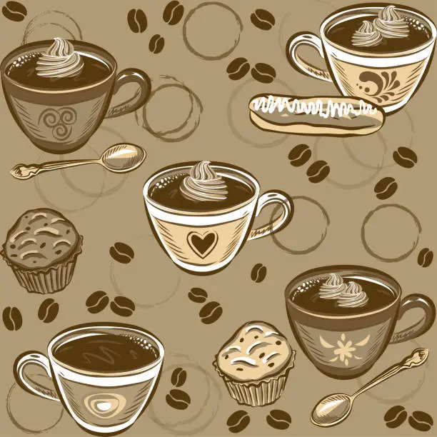 Vector illustration of Seamless Coffee Pattern. Vector illustration.