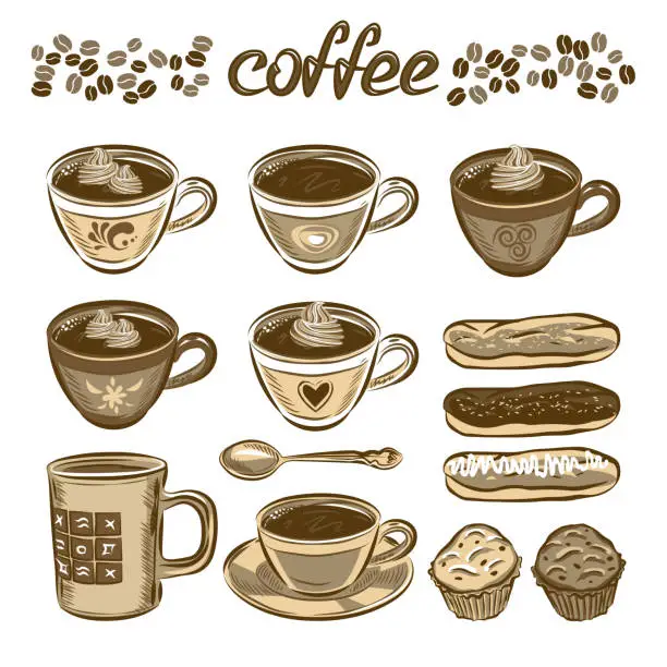 Vector illustration of Hand drawn vector coffee set. Coffee cups and cakes.