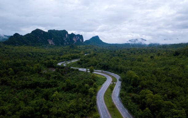 vista superior de la carretera del campo que pasa a través del green forrest y la montaña - thailand forest outdoors winding road fotografías e imágenes de stock