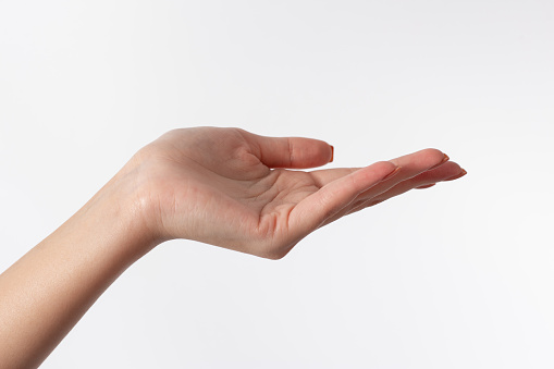 Woman hands holding, showing, giving or supporting something set. Isolated on white, clipping path included