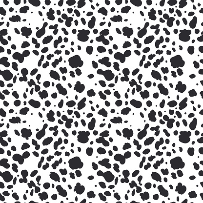 Dalmatian seamless pattern. Animal skin print. Dog and cow black dots on white background. Vector illustration