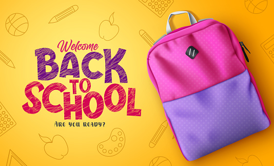 Back to school vector design. Welcome back to school text in doodle background with backpack educational item for student educational greeting messages. Vector illustration.