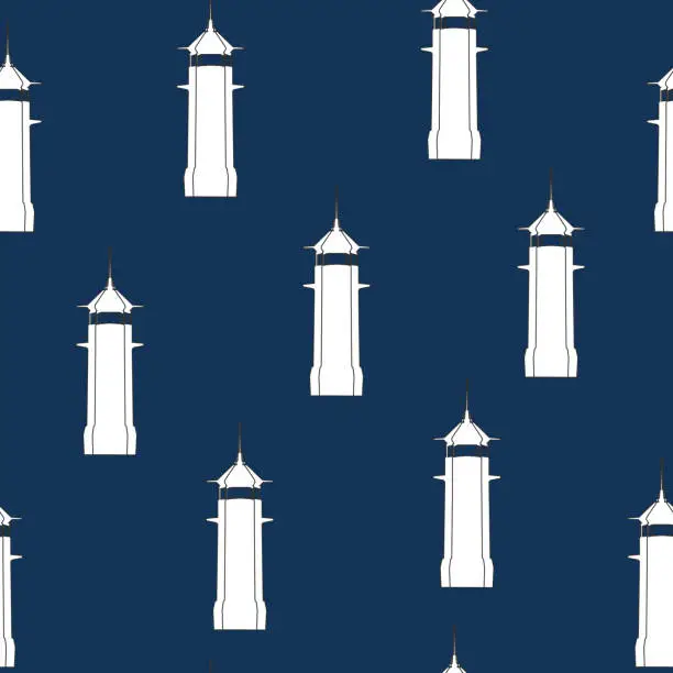 Vector illustration of Seamless pattern lighthouse silhouette on navy blue background. Marine weather elegant repetition motif,, vector eps 10