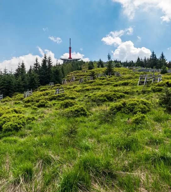 Lysa hora hill with communication tower in Moravskoslezske Beskydy mountains in Czech republic