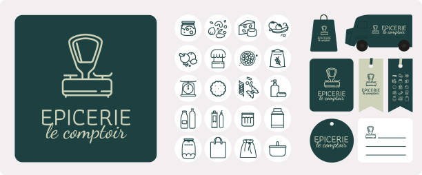 Farm001 grocery store logo, bulk product sales counter, organic and local product shop, short circuit sales, from producer to consumer vintage kitchen scale with fruit stock illustrations