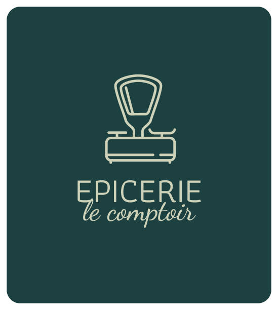 Impression grocery store logo, bulk product sales counter, organic and local product shop, short circuit sales, from producer to consumer vintage kitchen scale with fruit stock illustrations