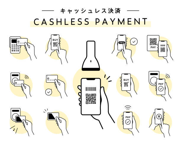 현금없는 지불, 스마트 폰 및 신용 카드의 삽화 세트. - qr코드 일러스트 stock illustrations