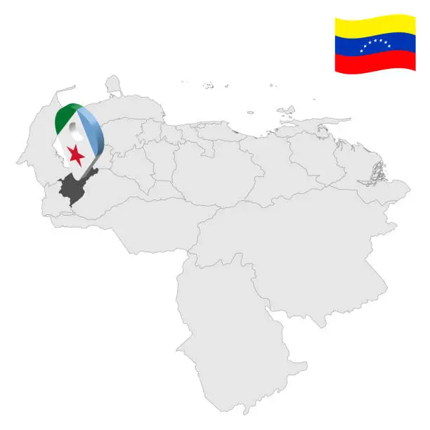 Vector illustration of Location Merida State  on map Venezuela. 3d location sign similar to the flag of  Merida. Quality map  with  Regions of the Venezuela for your design. EPS10
