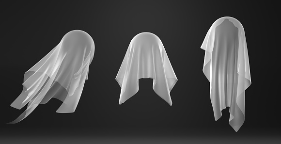 White transparent silk cloth on black background. 3D set of ghost sheet costume, spirit or phantom silhouette, Halloween spooky character. Flying satin fabric, dynamic textile object, minimal concept.