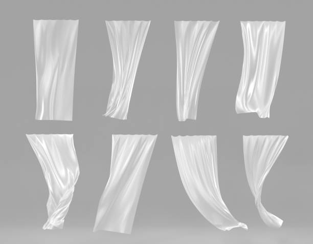 istock 3D White window curtains set. Realistic flowing silk fabric with wind breeze effect, isolated on grey background. Elegant lightweight transparent cloth with drapery and folds. Realistic 3D render 1394137989