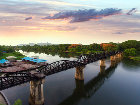 Aerial landscape view (drone shot) Bridge of the river kwai in Kanchanaburi, Thailand