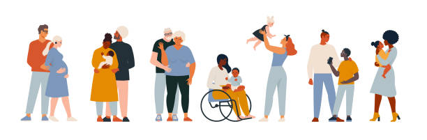 Group of different people joined the happiness. The choice of the elderly, people of color, disabled and different people. Social diversity, relationships, human resources, a family group. vector art illustration