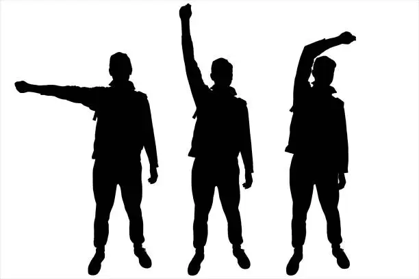 Vector illustration of A man in a cap and tracksuit, with a backpack behind his back, stands straight. The guy shows the direction with one hand: up, sideways, to the sides. Three black male silhouettes isolated on white.