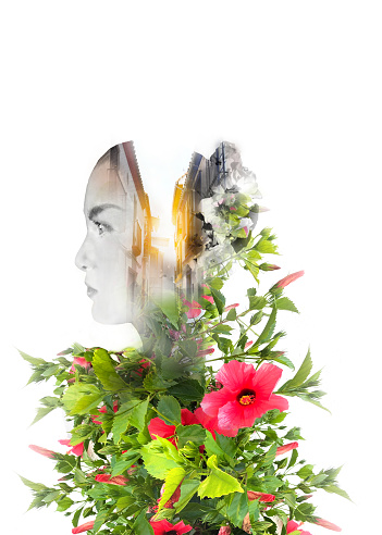 Multi exposure profile portrait of a  beautiful Spanish woman, Spanish village and flowers