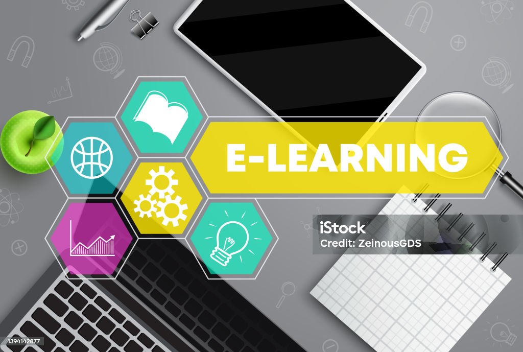 Elearning Vector Concept Design Elearning Text With Laptop Tablet And Elearning Vector Concept Design Elearning Text With Laptop Tablet And