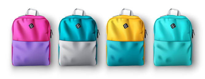 Backpack vector set design. 3d realistic educational bag pack collection isolated in white background with colorful decoration for back to school bags.
