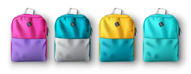Vector illustration of Backpack vector set design. 3d realistic educational bag pack collection isolated in white background with colorful decoration for back to school bags.