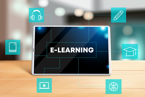 E-learning vector concept design. Elearning text in tablet screen device with online technology icons for home school education study. Vector illustration.