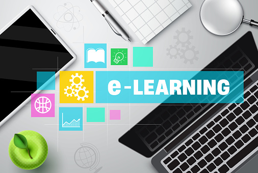 E-learning vector concept design. Elearning text in technology and knowledge icons with laptop and tablet elements for virtual education teaching and learning. Vector illustration.