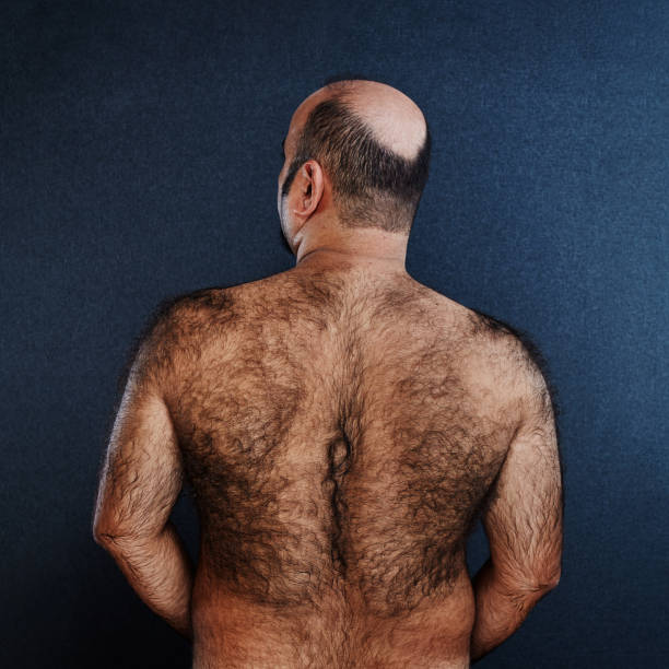 Rear view of a naked, bald and hairy male body Rear view of a naked, bald and hairy male body hairy fat man pictures stock pictures, royalty-free photos & images