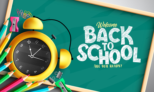 Back to school vector template design. Back to school text in chalkboard space with alarm clock and color pencil  elements for educational decoration greeting messages. Vector illustration.