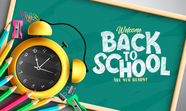 Back to school vector template design. Back to school text in chalkboard space with alarm clock and color pencil  elements for educational decoration greeting messages. Back to school vector template design. Back to school text in chalkboard space with alarm clock and color pencil  elements for educational decoration greeting messages. Vector illustration. back to school stock illustrations