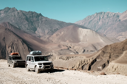 Al Haouz Province, Morocco - September 23, 2019: Offroad car Toyota Land Cruiser Prado 150 in the Atlas Mountains.