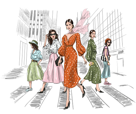 five women walking on a crosswalk in big city illustration