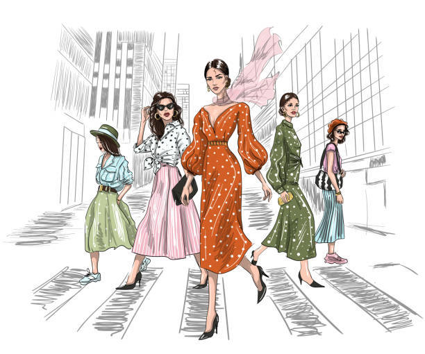 five women walking on a crosswalk in big city five women walking on a crosswalk in big city illustration womens fashion stock illustrations