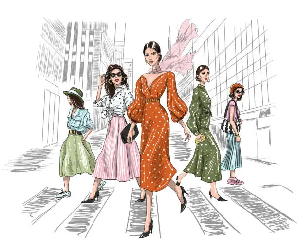 Vector illustration of five women walking on a crosswalk in big city