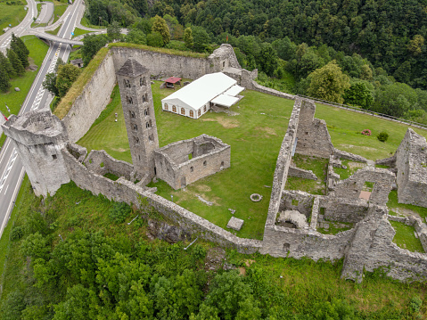 Drone view at the castle of Mesocco on the Swiss alps