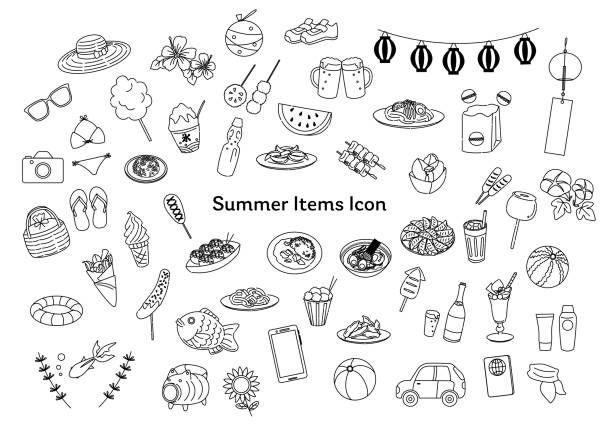 ilustrações de stock, clip art, desenhos animados e ícones de summer item icon set - group of objects set symbol computer icon