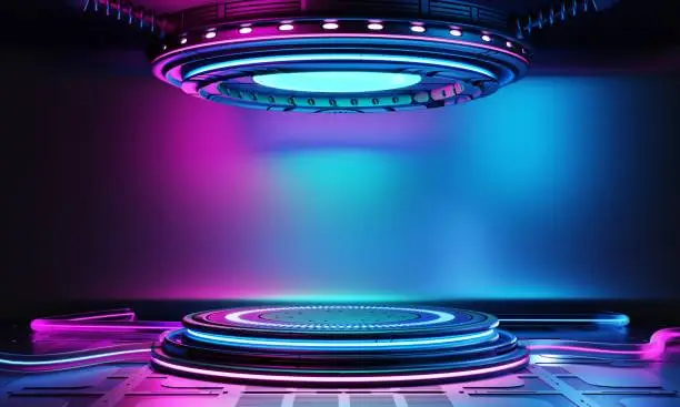 Photo of Cyberpunk sci-fi product podium showcase in empty room with blue and pink background. Technology and entertainment object concept. 3D illustration rendering