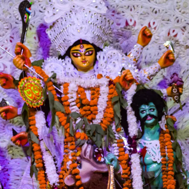 Photo of Goddess Durga with traditional look in close up view at a South Kolkata Durga Puja, Durga Puja Idol, A biggest Hindu Navratri festival in India