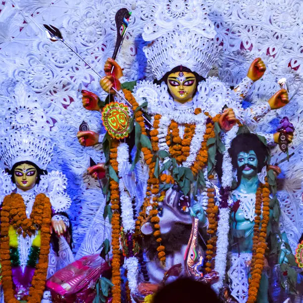 Photo of Goddess Durga with traditional look in close up view at a South Kolkata Durga Puja, Durga Puja Idol, A biggest Hindu Navratri festival in India