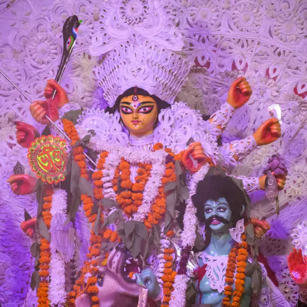Photo of Goddess Durga with traditional look in close up view at a South Kolkata Durga Puja, Durga Puja Idol, A biggest Hindu Navratri festival in India