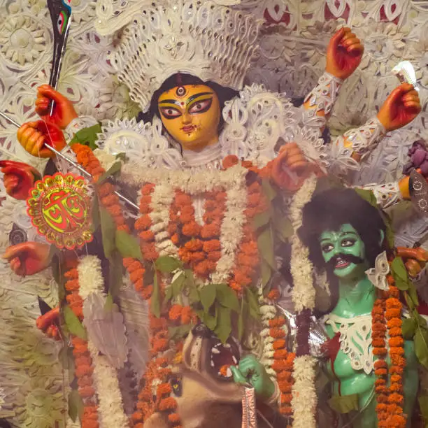 Photo of Goddess Durga with traditional look in close up view at a South Kolkata Durga Puja, Durga Puja Idol, A biggest Hindu Navratri festival in India