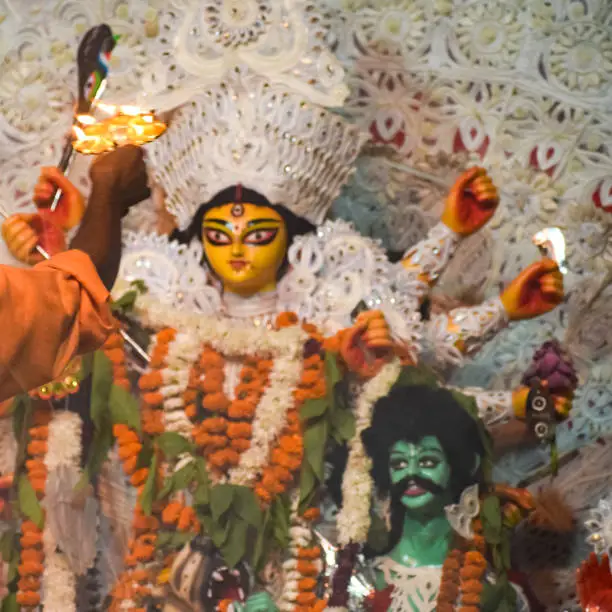 Photo of Goddess Durga with traditional look in close up view at a South Kolkata Durga Puja, Durga Puja Idol, A biggest Hindu Navratri festival in India