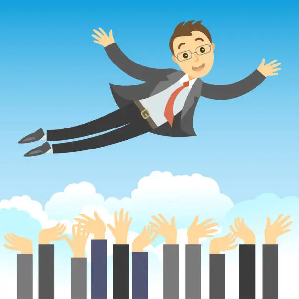 Vector illustration of Successful businessman being throwing in the air by his teamwork. Concept of success, leadership and team work in business. Cartoon vector businessman in flying.