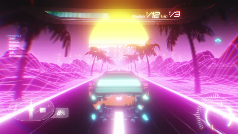 Racing video game in retrowave style