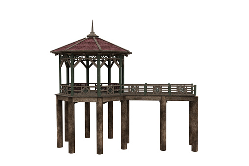 Old style wooden pier with bench seats under a pergoda roof viewed from side. 3D illustration isolated on white background.