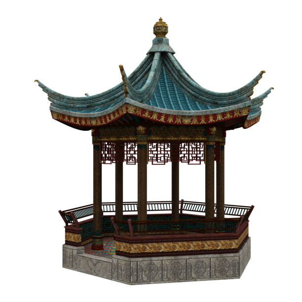 istock Classical Asian style garden pavillion structure. 3D illustration isolated on white background. 1394153198
