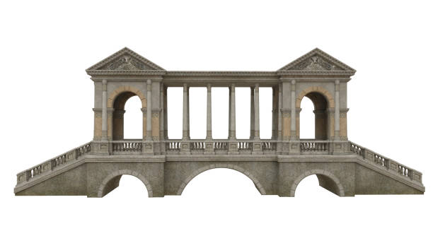 istock Light brown medieval covered stone bridge with classical columns and arches. 3D illustration isolated on white background. 1394153798