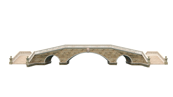 Wide brown stone bridge with steps on each side. 3D rendering isolated on white background.