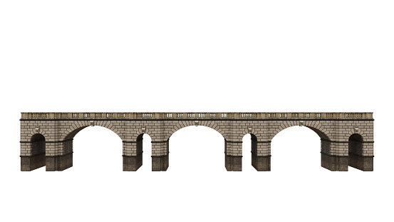 Wide low old stone bridge 3d rendering isolated on white background.