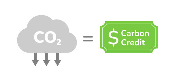 illustrazioni stock, clip art, cartoni animati e icone di tendenza di riduzione delle emissioni di co2 e concetto di carbon credit art. regolamentazione legale per ridurre le emissioni di gas serra e l'inquinamento atmosferico. crediti d'imposta per le imprese per fermare il processo di riscaldamento globale. - footprint carbon environment global warming