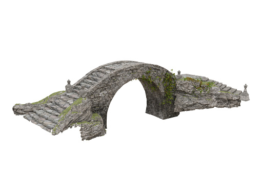 3D rendering of ivy covered old grey stone bridge isolated on white background.