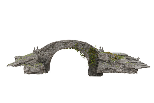 Old grey stone bridge with ivy growing on the side. 3D illustration isolated on white background.