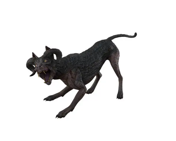 Photo of Fierce aggressive hell hound demon dog. 3D illustration isolated on white background.